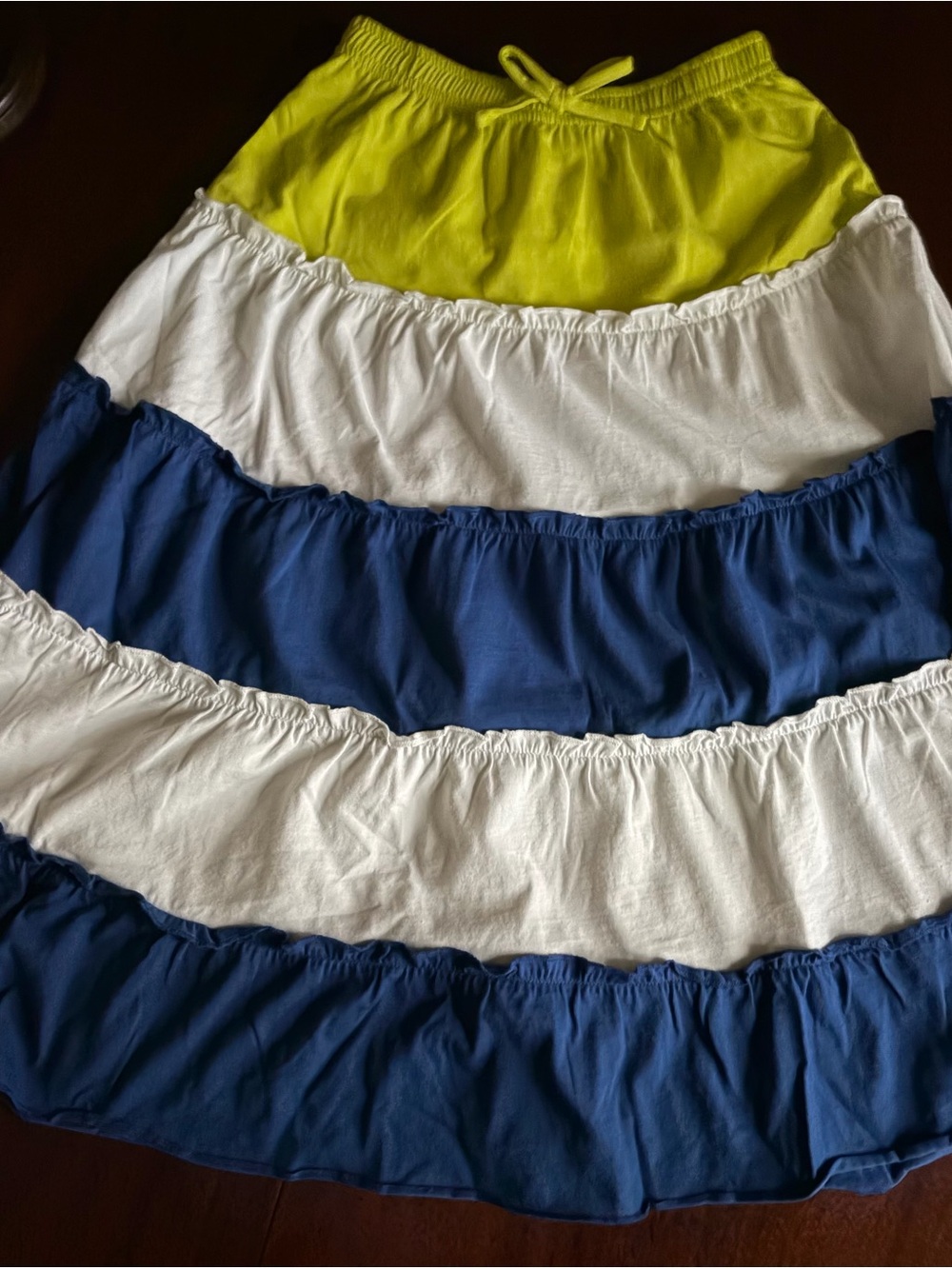 Garnet Hill Yellow, White & Navy Tiered Maxi Skirt